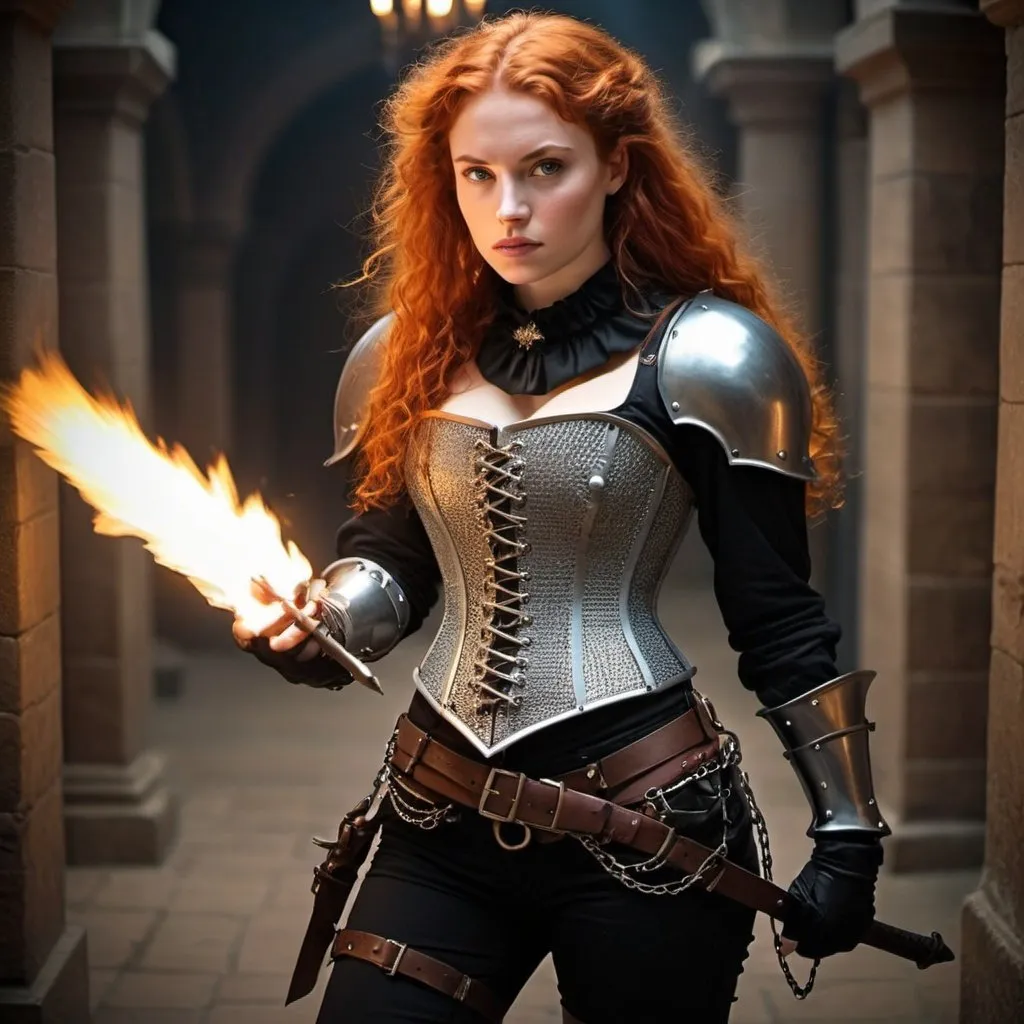 Prompt: woman in modern knightcore outfit, renaissance outfit with pants, ranger, punk, body in action post, chain mail, corset, joan of arc, resembles princess Merida, beautiful, dramatic lighting