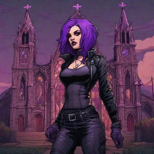 Prompt: gothic punk woman with purple hair before a gothic church, muscle mommy, Dan Mumford, Brock Hofer, trending on artstation