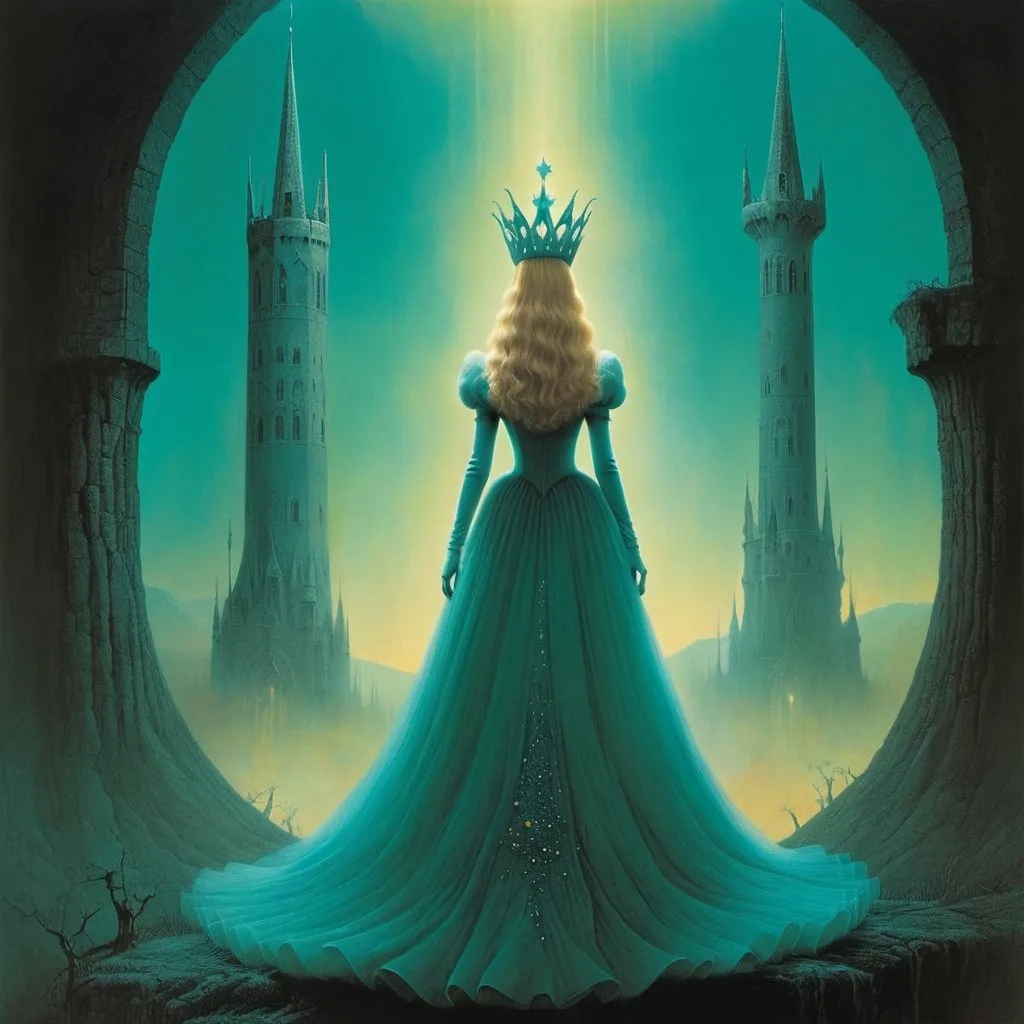 Prompt: glinda the good witch in the world of of Beksinski, harpers bazaar, close up