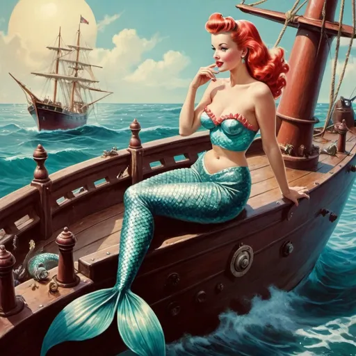 Prompt: pinup mermaid on a ship, high quality, Keith Parkinson, highres, 1950s, beachy, vintage, dreamlike, surreal, whimsical, mystical setting, fairytale, vibrant colors