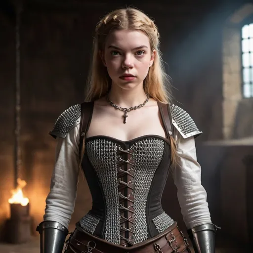 Prompt: woman in modern knightcore outfit, renaissance outfit, ranger, punk, body in action post, chain mail, corset, joan of arc, resembles anya taylor-joy, beautiful, dramatic lighting