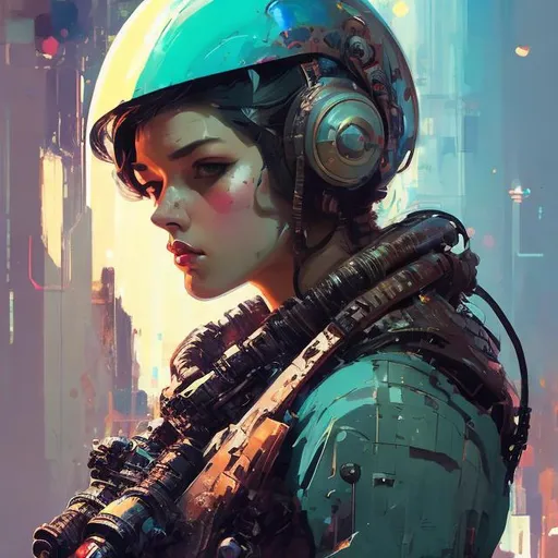 Prompt: detailed face, Retro futurism styled punk woman with big guns, heavily detailed, unique universe, concept art, primary color hues, magical world, bright uplifting tones, dynamic lighting, professional, highres, ultra-detailed, retro-futurism, comic style, dynamic lighting, unique concept,  atey ghailan, Art by Jock, pino daeni , art by lois van baarle and loish and ross tran , Charles Vess, Chiho Aoshima , Kay Nielsen, dark ambient, chiaroscuro, Simon Bisley, and H.R. Giger. insist artstation, art by stanley artgerm, painting by daniel f gerhartz, art by Andrew Atroshenko,