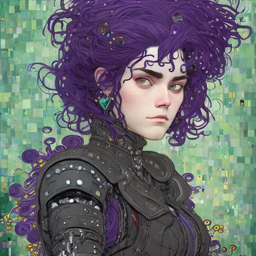 Prompt: strong beautiful adult punk woman with a strong jawline dark eyebrows and wild purple hair wearing shining armor, style of studio ghibli, gustav klimt, pixar, high quality, realistic, photo realistic