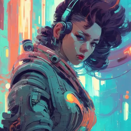 Prompt: Retro futurism styled punk woman with big guns, heavily detailed, unique universe, concept art, primary color hues, magical world, bright uplifting tones, dynamic lighting, professional, highres, ultra-detailed, retro-futurism, comic style, dynamic lighting, unique concept,  atey ghailan, Art by Jock, pino daeni , art by lois van baarle and loish and ross tran , Charles Vess, Chiho Aoshima , Kay Nielsen, dark ambient, chiaroscuro, Simon Bisley, and H.R. Giger. insist artstation, art by stanley artgerm, painting by daniel f gerhartz, art by Andrew Atroshenko,