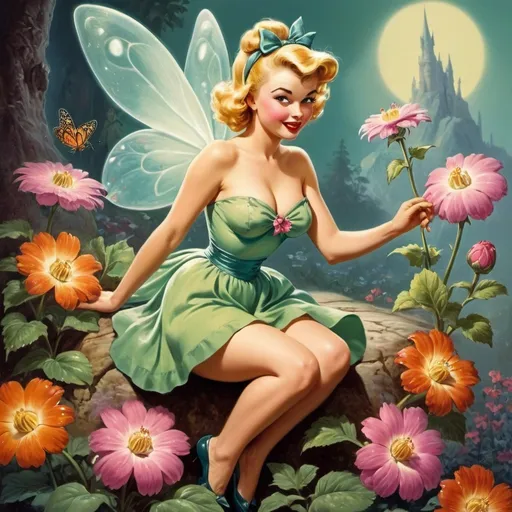 Prompt: pinup tinker belle on a flower, high quality, Keith Parkinson, highres, 1950s, vintage, dreamlike, surreal, whimsical, mystical setting, fairytale, vibrant colors