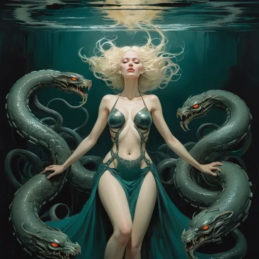 Prompt: blonde woman floating on her back  in a dark lake teeming with serpents her dress floating around her, harpers bazaar, orange and teal colors, Art by Jock, pino daeni , art by lois van baarle and loish and ross tran , Charles Vess, Chiho Aoshima , Kay Nielsen, dark ambient, chiaroscuro, Simon Bisley, and H.R. Giger. insist artstation, art by stanley artgerm, painting by daniel f gerhartz, art by Andrew Atroshenko,