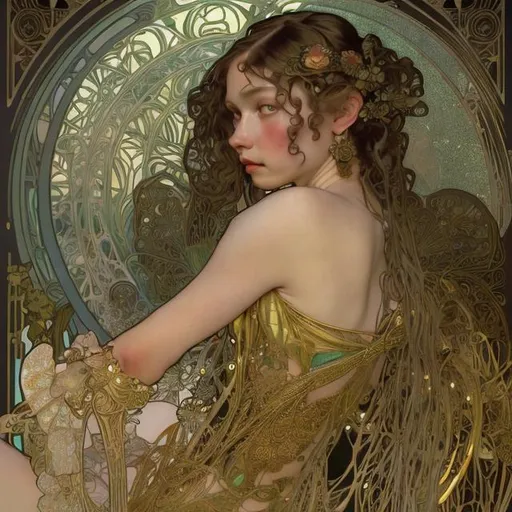 Prompt: woman in dragonfly dress by alphonse mucha and gustav klimt and casey weldon and wlop : : ornate, masterpiece, rich colors, intricate, elegant, highly detailed, vogue art, fashion magazine, smooth, sharp focus, 8 k, octane render