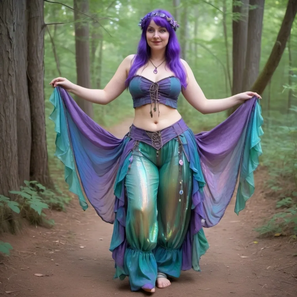 Prompt: fairy Renaissance fair outfit, gauzy and iridescent fabric, iridescent billowing layered gypsy haram pants and cinched corset, shiny translucent iridescent purple green and blue
