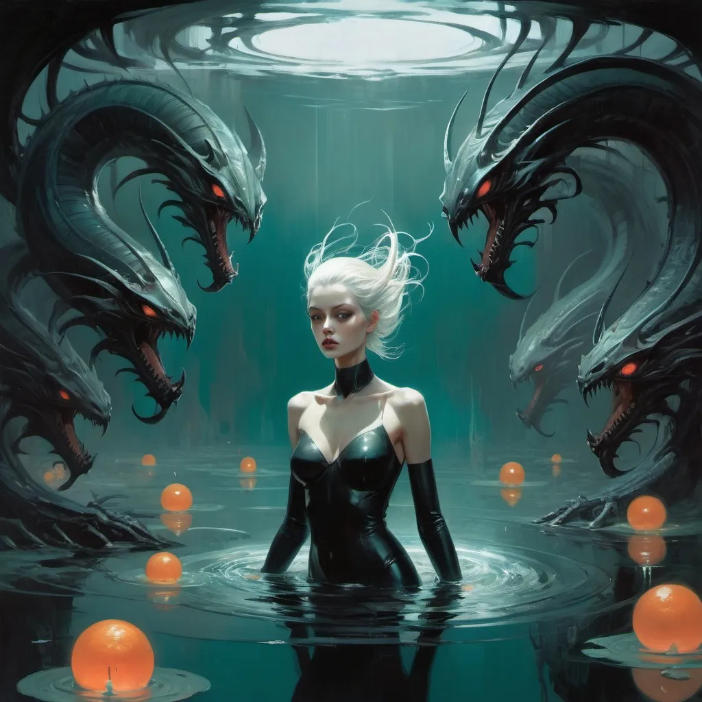 Prompt: woman floating an a dark lake filled with monsters, harpers bazaar, orange and teal colors, Art by Jock, pino daeni , art by lois van baarle and loish and ross tran , Charles Vess, Chiho Aoshima , Kay Nielsen, dark ambient, chiaroscuro, Simon Bisley, and H.R. Giger. insist artstation, art by stanley artgerm, painting by daniel f gerhartz, art by Andrew Atroshenko,