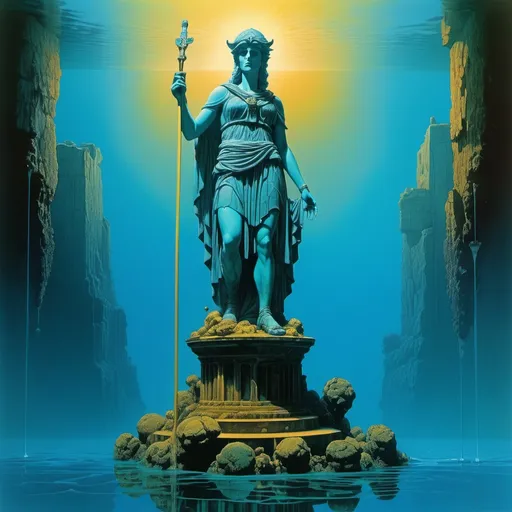 Prompt: 70s psychedelic collage, greek statue of athena half submerged in water, alluring, ethereal, Michael Whelan, Beksinski