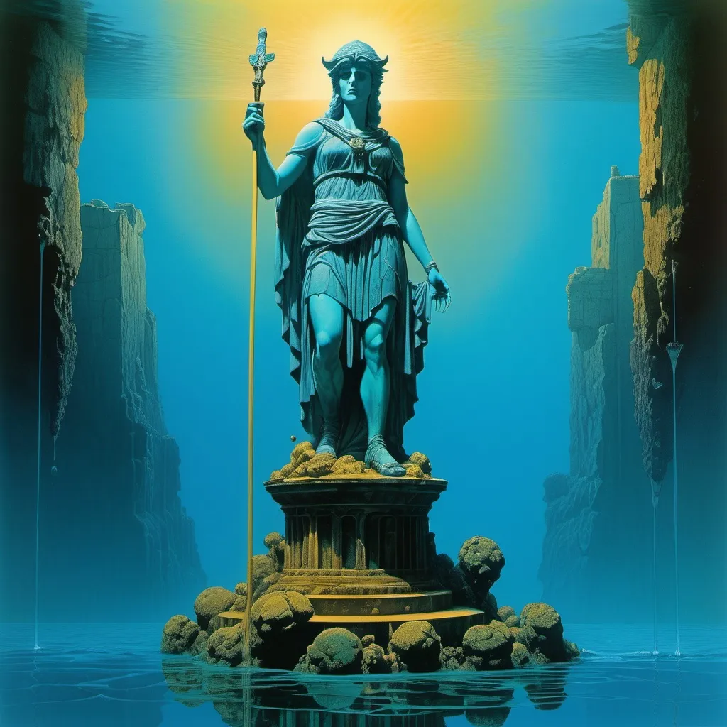 Prompt: 70s psychedelic collage, greek statue of athena half submerged in water, alluring, ethereal, Michael Whelan, Beksinski