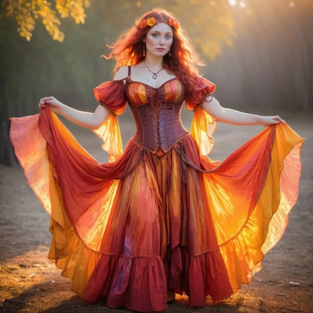 Prompt: fire fairy Renaissance fair outfit, gauzy and iridescent fabric, iridescent billowing layered gypsy dress and cinched corset, flowy sleeves, shiny translucent iridescent red orange yellow
