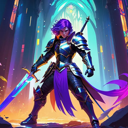 Prompt: dramatic action, fighting stance, super-high-detailed purple haired punk with knight armor and a sword, sharp jaws and thick eyebrows, masculine features, quality, sharp focus, 8k, intricately detailed environment,  watercolor illustration, colorful, bright colors, whimsical, glowing lights, liquid otherworldly, Broken Glass effect, stunning, something that even doesn't exist, mythical being, energy, molecular, textures, iridescent and luminescent scales, breathtaking beauty, pure perfection, divine presence, unforgettable, impressive, breathtaking beauty, Volumetric light, auras, rays, vivid colors reflects, unreal engine, greg rutkowski, loish, rhads, beeple, makoto shinkai and lois van baarle, ilya kuvshinov, rossdraws, tom bagshaw, alphonse mucha, global illumination, detailed and intricate environment