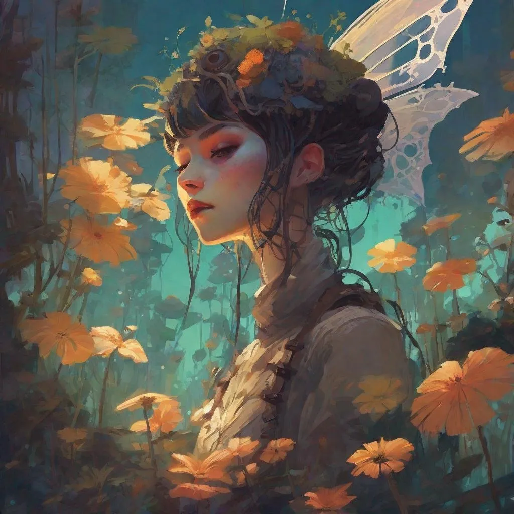 Prompt: illustration, steampunk garden fairy, nature, colorful, grunge, atey ghailan, Art by Jock,  pino daeni , art by lois van baarle and loish and ross tran , Charles Vess, Chiho Aoshima , Kay Nielsen, dark ambient, chiaroscuro, Simon Bisley, and H.R. Giger. insist artstation, art by stanley artgerm, painting by daniel f gerhartz,  art by Andrew Atroshenko, 

