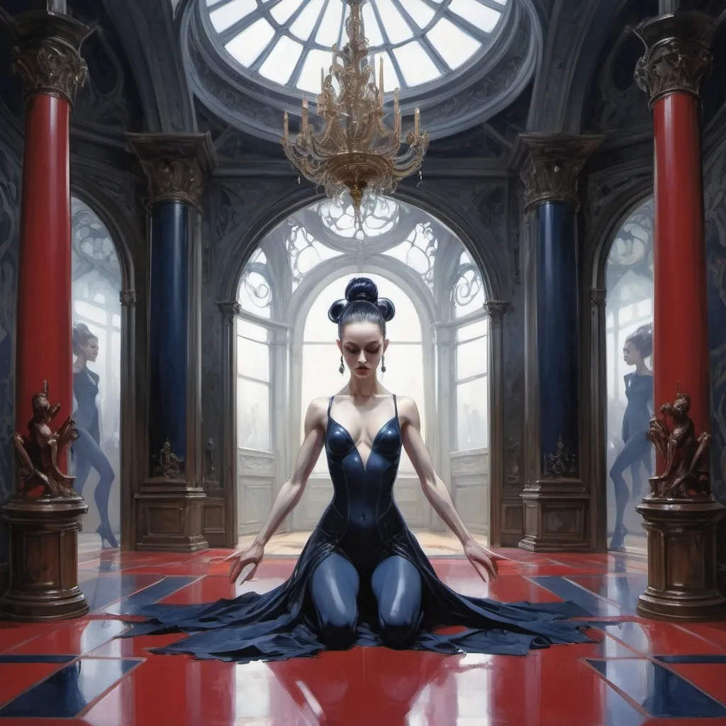 Prompt: gothic Elizabethan contortionist gymnast in a hall of mirrors, harpers bazaar, red and navy colors, Art by Jock, pino daeni , art by lois van baarle and loish and ross tran , Charles Vess, Chiho Aoshima , Kay Nielsen, dark ambient, chiaroscuro, Simon Bisley, and H.R. Giger. insist artstation, art by stanley artgerm, painting by daniel f gerhartz, art by Andrew Atroshenko,