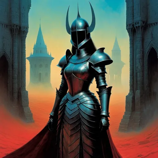 Prompt: lady knight in the world of Beksinski, harpers bazaar