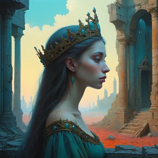 Prompt: close up of lonely princess among palatial ruins, dreamy, dark fantasy, animated style, mysterious, masterpiece painting, jewel colors, detailed, Beksinski
