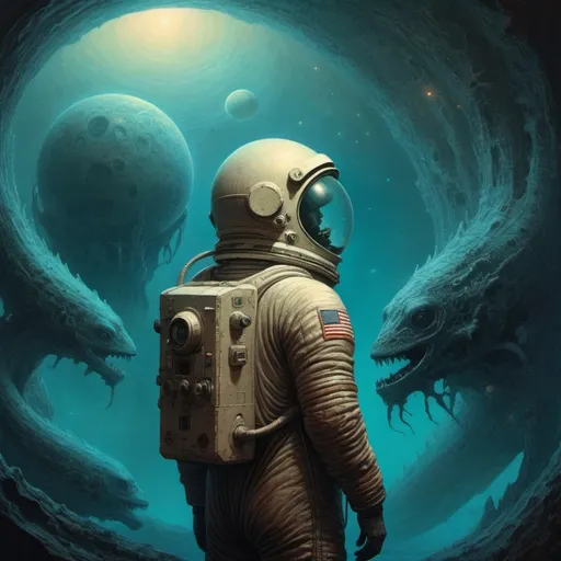 Prompt: deep space lonely astronaut the world of of Beksinski, harpers bazaar, Atlantis, sea monsters 