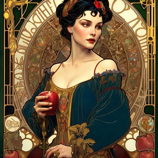 Prompt: snow white and the poison apple by alphonse mucha and gustav klimt and casey weldon and wlop : : ornate, masterpiece, rich colors, intricate, elegant, highly detailed, vogue art, fashion magazine, smooth, sharp focus, 8 k, octane render