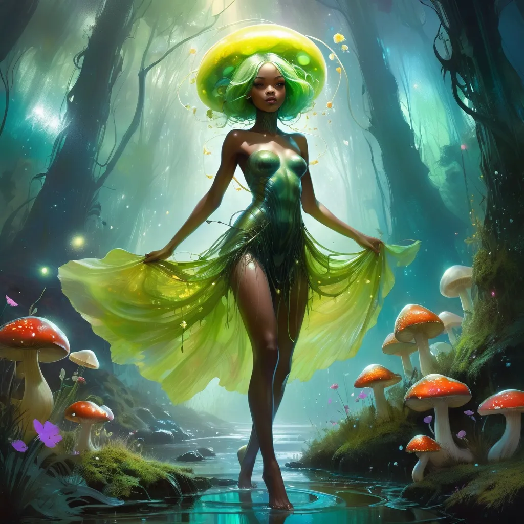 Prompt: fairy with wispy transparent moss dress, green knee length hair, organic shapes, unique universe, concept art, primary color hues, green mushroom forest, flower fairy lights, underwater, magical world, bright uplifting tones, dynamic lighting, professional, highres, ultra-detailed, afro-futurism, Art by Jock, pino daeni , art by lois van baarle and loish and ross tran , Charles Vess, Chiho Aoshima , Kay Nielsen, dark ambient, chiaroscuro, Simon Bisley, and H.R. Giger. insist artstation, art by stanley artgerm, painting by daniel f gerhartz, art by Andrew Atroshenko,