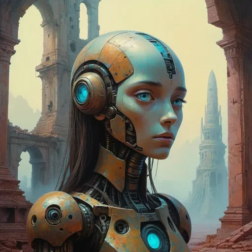 Prompt: close up of lonely robot girl staring at the camera among palatial ruins of a spaceship, dreamy, dark fantasy, animated style, mysterious, masterpiece painting, jewel colors, detailed, Beksinski