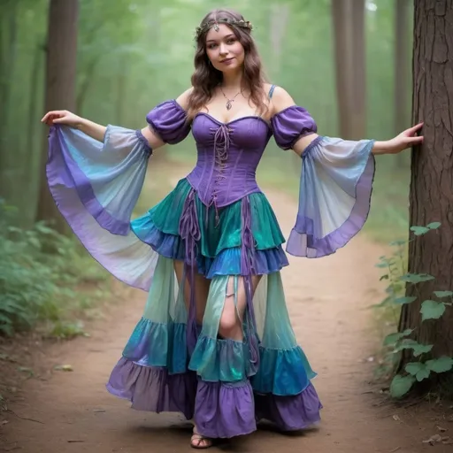 Prompt: fairy Renaissance fair outfit, gauzy and iridescent fabric, iridescent billowing layered gypsy dress and cinched corset, flowy sleeves, shiny translucent iridescent purple green and blue

