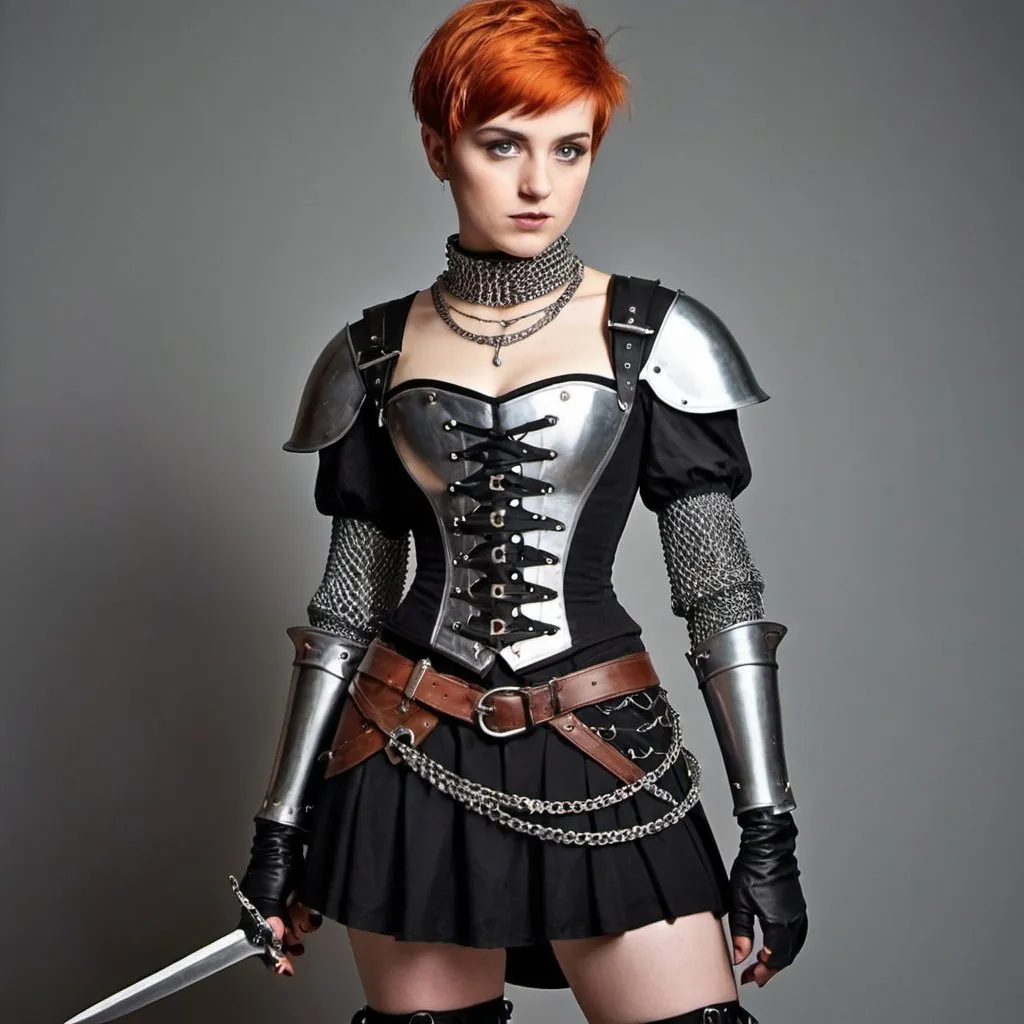 Prompt: woman in modern knightcore outfit, renaissance outfit with skirt, ranger, punk, chain mail, corset, pixie cut, joan of arc