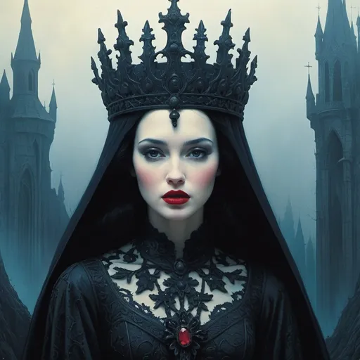 Prompt: snow white in the world of of Beksinski, harpers bazaar, gothic, close up