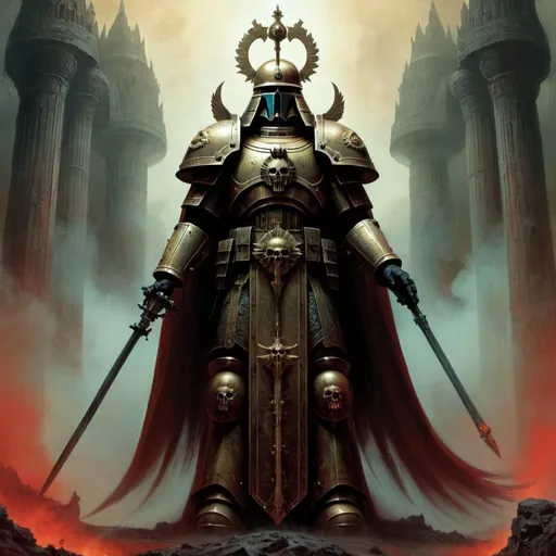 Prompt: God-Emperor of Mankind in warhammer 40k in the world of Beksinski, harpers bazaar