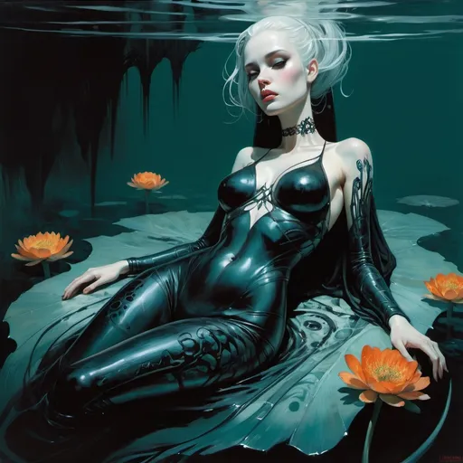 Prompt: gothic woman floating on her back in a dark lake teeming with serpants, harpers bazaar, orange and teal colors, Art by Jock, pino daeni , art by lois van baarle and loish and ross tran , Charles Vess, Chiho Aoshima , Kay Nielsen, dark ambient, chiaroscuro, Simon Bisley, and H.R. Giger. insist artstation, art by stanley artgerm, painting by daniel f gerhartz, art by Andrew Atroshenko,