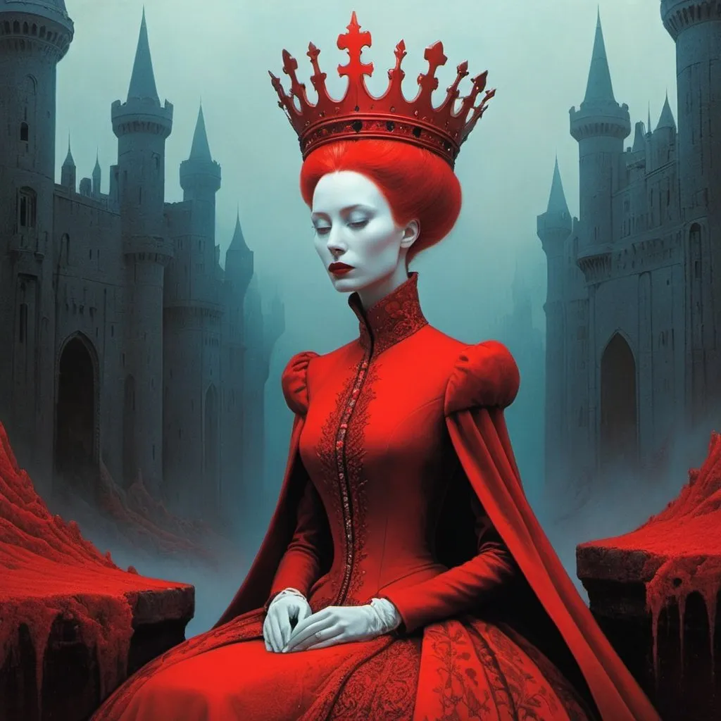 Prompt: red queen in the world of Beksinski, harpers bazaar