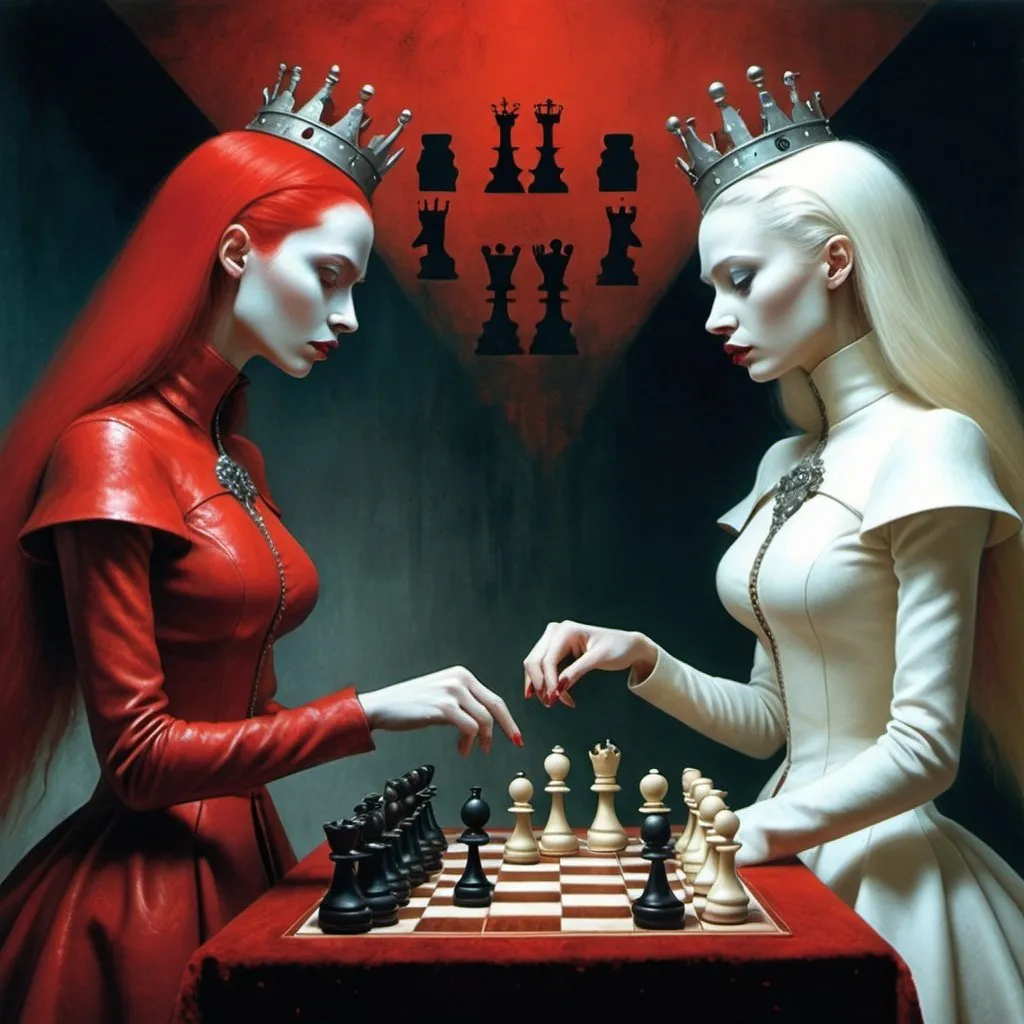 Prompt: red queen versus white queen in the world of Beksinski, chess, harpers bazaar