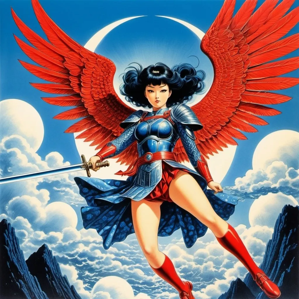 Prompt: Virgil Finlay, Tsubaki Nekoi, Vasanti Unka, Hiroshi Masumura, Chiho Saito, Surrealism, wonder, strange, bizarre, fantasy, Sci-fi, Japanese anime, righteous valkaryie with wings and sword,  detailed masterpiece low high angles perspectives, blue and red coloring 