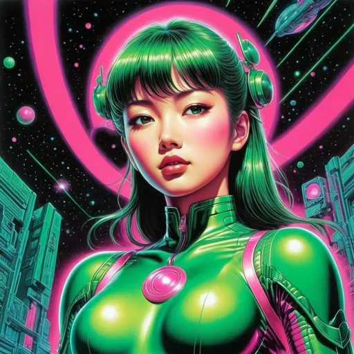 Prompt: Virgil Finlay, Tsubaki Nekoi, Vasanti Unka, Hiroshi Masumura, Chiho Saito, Surrealism, wonder, strange, bizarre, fantasy, Sci-fi, Japanese anime, cyberpunk superhero, bionic, detailed masterpiece low high angles perspectives, glowing neon, pink and green colors