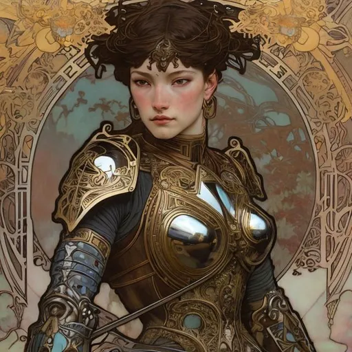 Prompt: badass female warrior in armor by alphonse mucha and chie yoshii and casey weldon and wlop : : ornate, masterpiece, rich colors, intricate, elegant, highly detailed, vogue art, fashion magazine, smooth, sharp focus, 8 k, octane render
