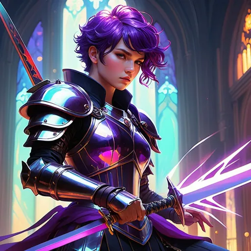 Prompt: dramatic action, fighting stance, super-high-detailed purple haired punk with knight armor and a sword, sharp jaws and thick eyebrows, masculine features, quality, sharp focus, 8k, intricately detailed environment,  watercolor illustration, colorful, bright colors, whimsical, glowing lights, liquid otherworldly, Broken Glass effect, stunning, something that even doesn't exist, mythical being, energy, molecular, textures, iridescent and luminescent scales, breathtaking beauty, pure perfection, divine presence, unforgettable, impressive, breathtaking beauty, Volumetric light, auras, rays, vivid colors reflects, unreal engine, greg rutkowski, loish, rhads, beeple, makoto shinkai and lois van baarle, ilya kuvshinov, rossdraws, tom bagshaw, alphonse mucha, global illumination, detailed and intricate environment