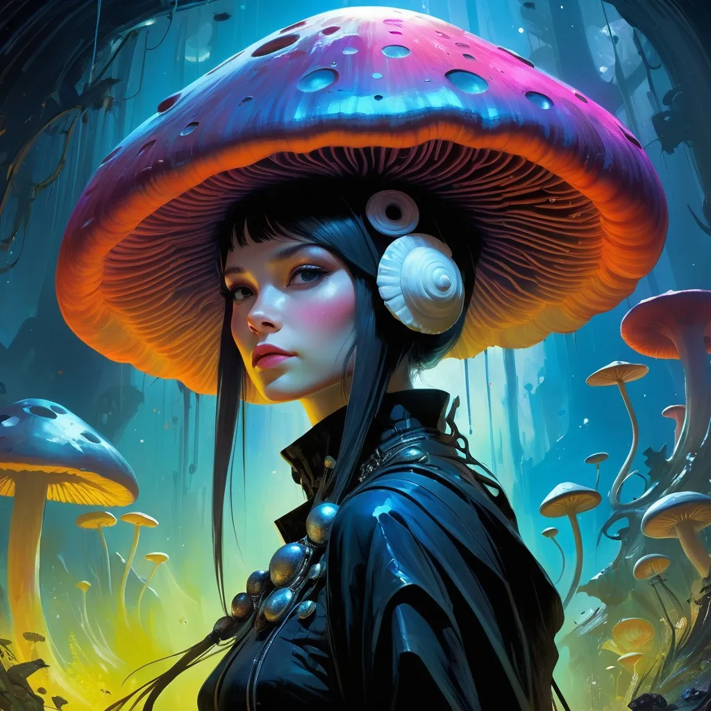 Prompt: woman with a large mushroom cap hat, organic shapes, unique universe, concept art, primary color hues, magical world, bright uplifting tones, dynamic lighting, professional, highres, ultra-detailed, retro-futurism, Art by Jock, pino daeni , art by lois van baarle and loish and ross tran , Charles Vess, Chiho Aoshima , Kay Nielsen, dark ambient, chiaroscuro, Simon Bisley, and H.R. Giger. insist artstation, art by stanley artgerm, painting by daniel f gerhartz, art by Andrew Atroshenko,