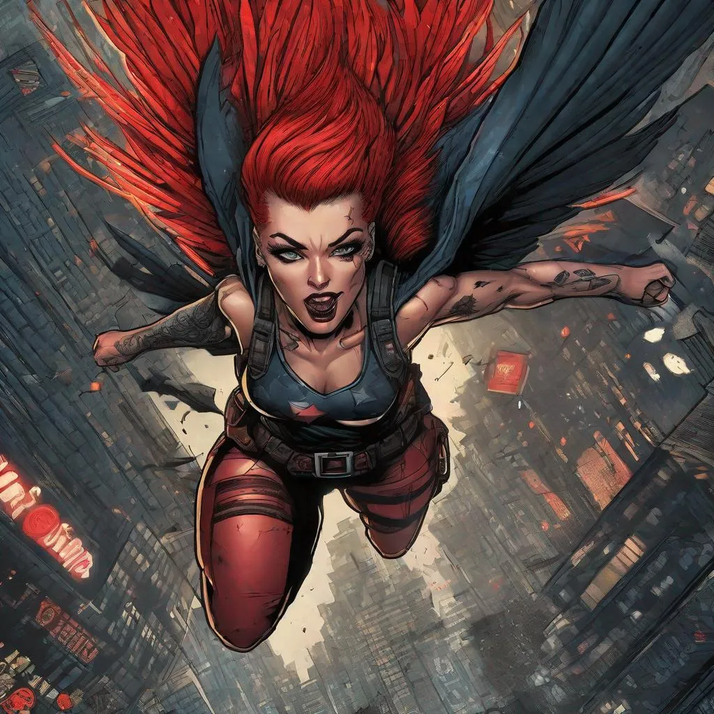 Prompt: female punk superhero flying in a dark city, red mohawk, detailed face, tattoos, tank top, Dan Mumford, Brock Hofer, Neal Adams, trending on artstation