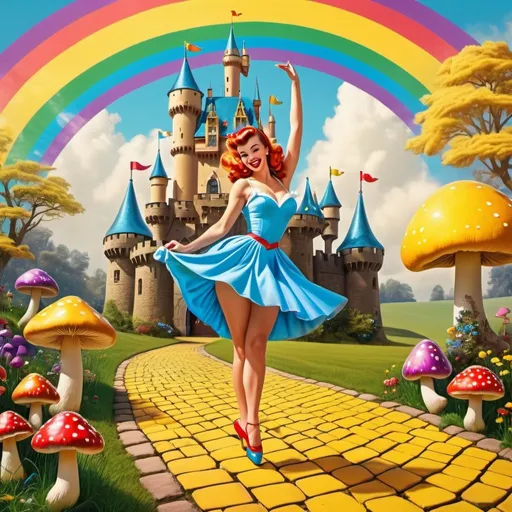 Prompt: happy pinup princess dancing, action pose, high quality, highres, 1950s, vintage, rainbow mushrooms, dreamlike, surreal, yellow brick road leading to a castle, whimsical, mystical setting, fairytale, vibrant colors