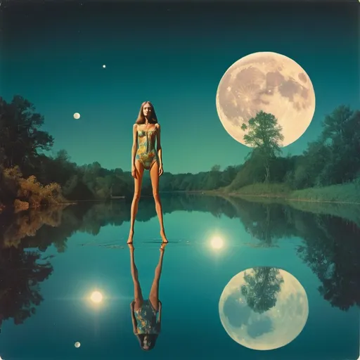 Prompt: 70s psychedelic collage, woman with long legs floating over a still lake, reflecting moon light, ethereal, alien beauty