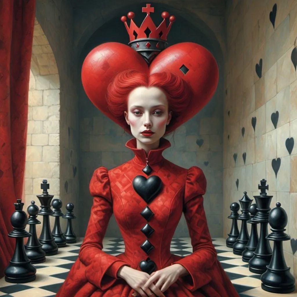 Prompt: red queen of hearts in the world of Beksinski, chess, harpers bazaar