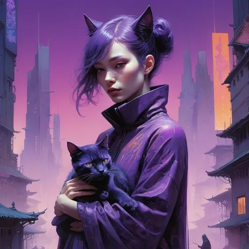 Prompt: woman holding a purple cat, retrofuturistic clothing, cyberpunk, bright neon colors, An incredibly ethereal world in style of Beksinski, harpers bazaar
atey ghailan, Art by Jock,  pino daeni , art by lois van baarle and loish and ross tran , Charles Vess, Chiho Aoshima , Kay Nielsen, 