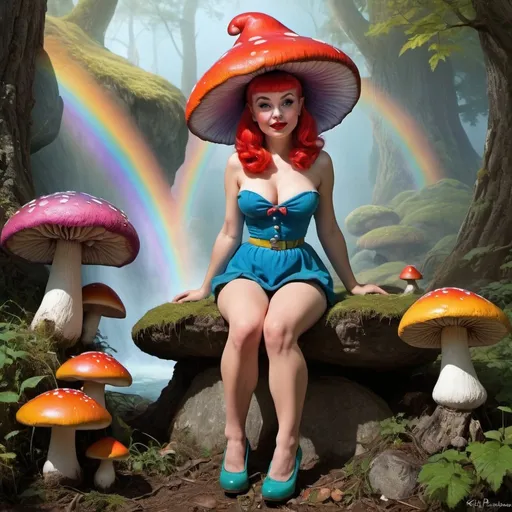 Prompt: pinup female gnome, high quality, Keith Parkinson, highres, 1950s, vintage, rainbow mushrooms, dreamlike, surreal, whimsical, mystical setting, fairytale, vibrant colors