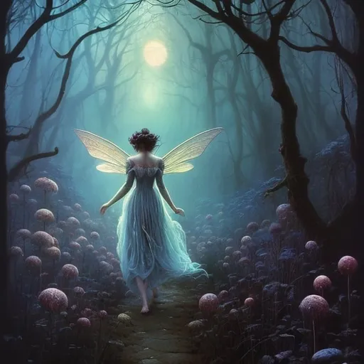 Prompt: fairy walking through the woods, high quality, in the style Michael Whelan, Beksinski, moonlit flowers, highres, fantasy, ethereal lighting, enchanting atmosphere, dreamlike, surreal, whimsical, mystical setting, fairytale, vibrant colors, soft moonlight, illustration