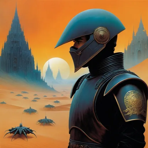 Prompt: paul atreides from dune in the world of Beksinski, harpers bazaar