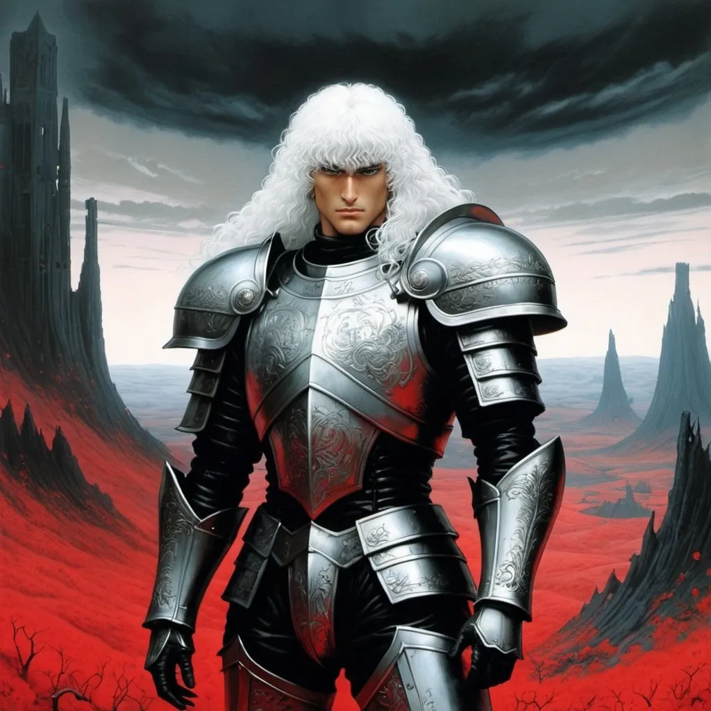 Prompt: Griffith from berserk in the world of Beksinski, harpers bazaar