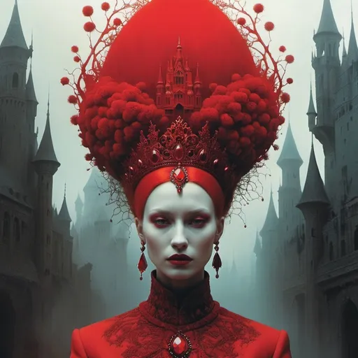 Prompt: red queen in the world of Beksinski, harpers bazaar
