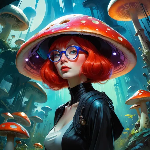 Prompt: redheaded woman with a large mushroom cap hat, round glasses, organic shapes, unique universe, concept art, primary color hues, magical world, bright uplifting tones, dynamic lighting, professional, highres, ultra-detailed, retro-futurism, Art by Jock, pino daeni , art by lois van baarle and loish and ross tran , Charles Vess, Chiho Aoshima , Kay Nielsen, dark ambient, chiaroscuro, Simon Bisley, and H.R. Giger. insist artstation, art by stanley artgerm, painting by daniel f gerhartz, art by Andrew Atroshenko,