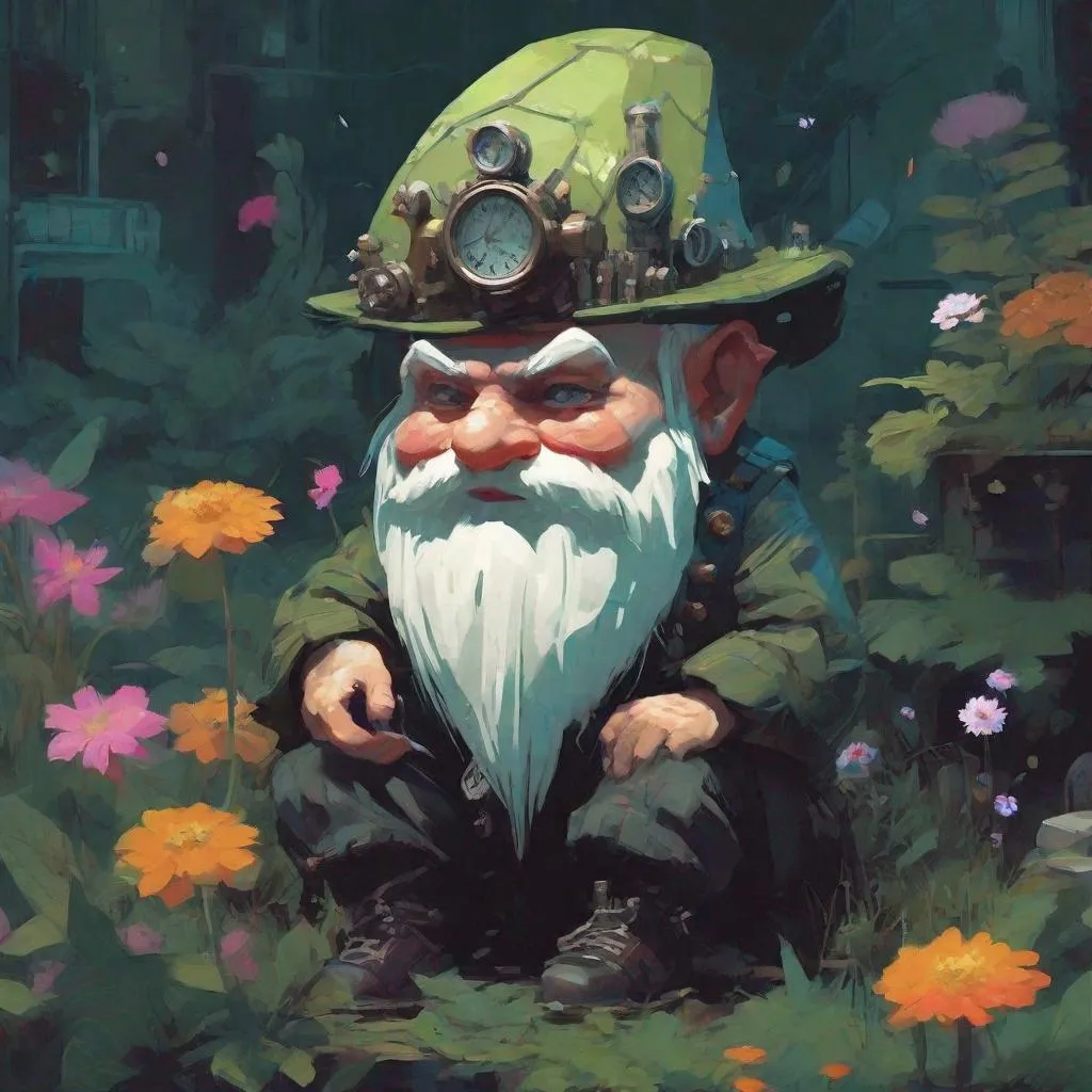 Prompt: illustration, steampunk garden gnome, nature, colorful, grunge, atey ghailan, Art by Jock,  pino daeni , art by lois van baarle and loish and ross tran , Charles Vess, Chiho Aoshima , Kay Nielsen, dark ambient, chiaroscuro, Simon Bisley, and H.R. Giger. insist artstation, art by stanley artgerm, painting by daniel f gerhartz,  art by Andrew Atroshenko, 

