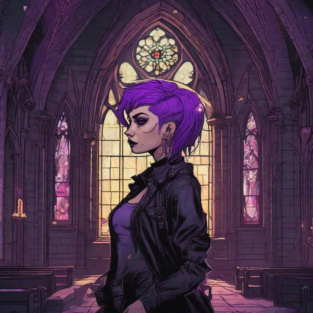 Prompt: gothic punk woman with purple hair before a gothic church, Dan Mumford, Brock Hofer, trending on artstation